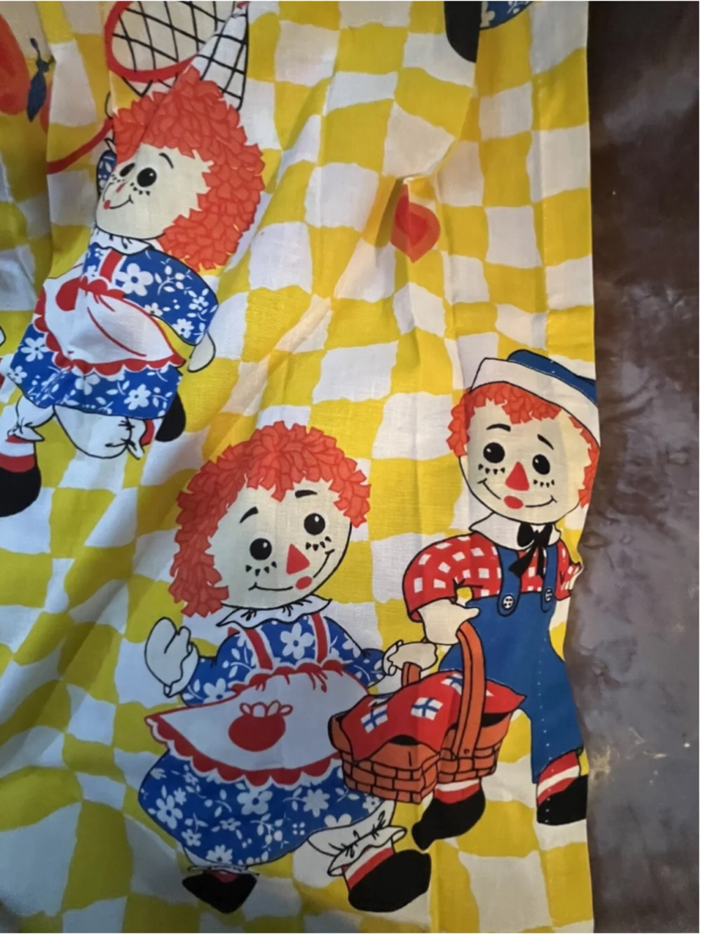 vintage raggedy ann and andy curtain panel pair set yellow checkered SEE PICTURE